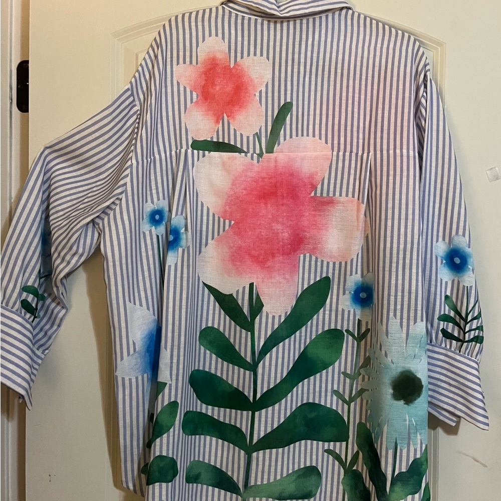 Yolly Striped Floral Button-Up Blouse - Pink & Blue - Picture 3 of 14